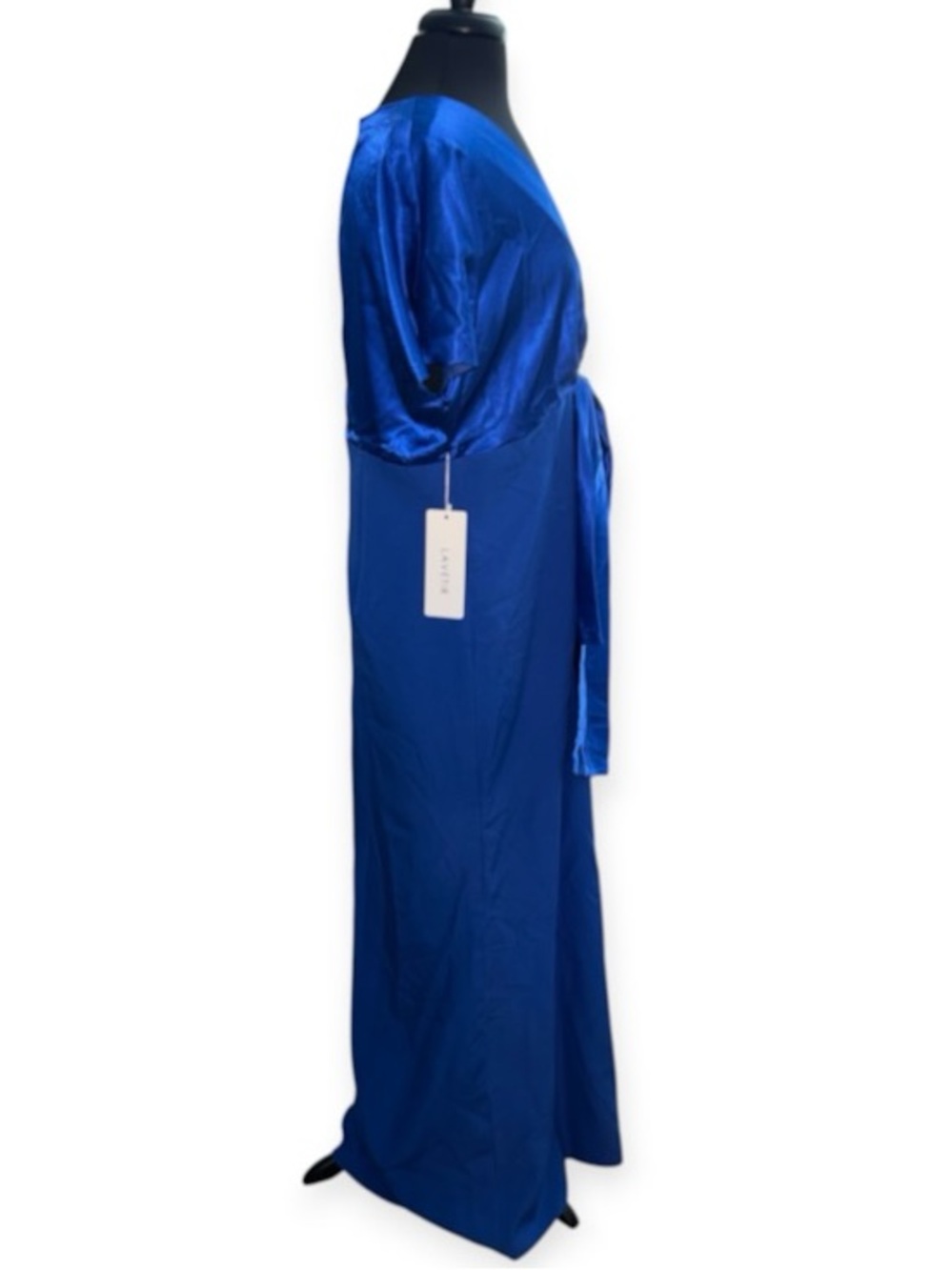 Royal Blue Satin Maxi Dress w/ Tie Front, P2P:21”, L:62”, NWT - Picture 3 of 10